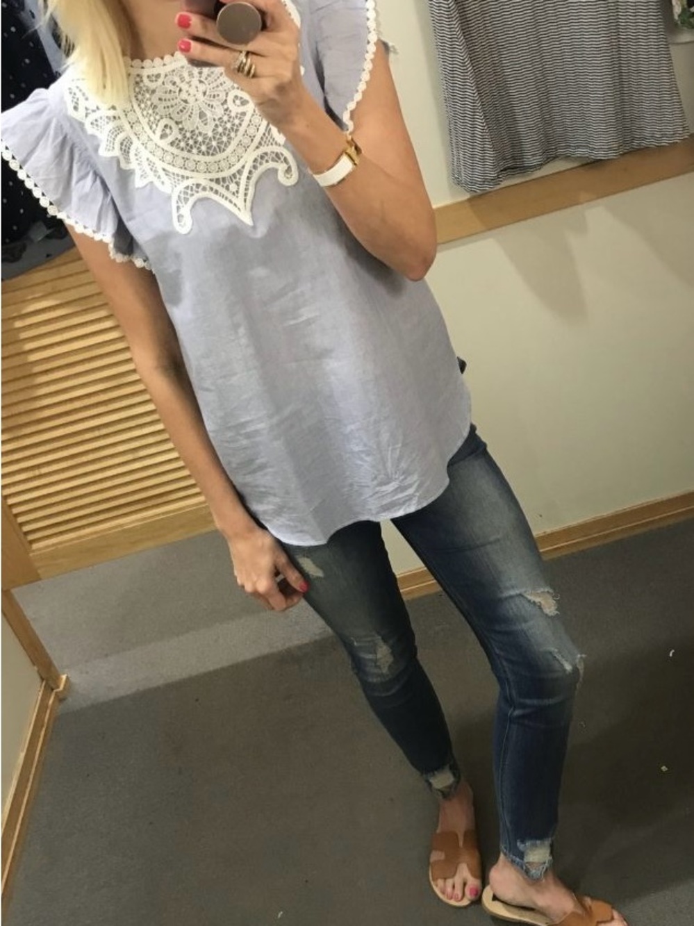 Crochet Loft Flutter Sleeve Top - Light Blue and white pin-stripe lace details L - Picture 10 of 11